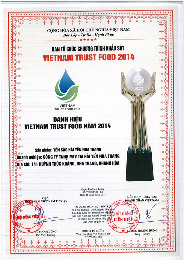 Giấy Chứng Nhận VIETNAM TRUST FOOD NĂM 2014 :