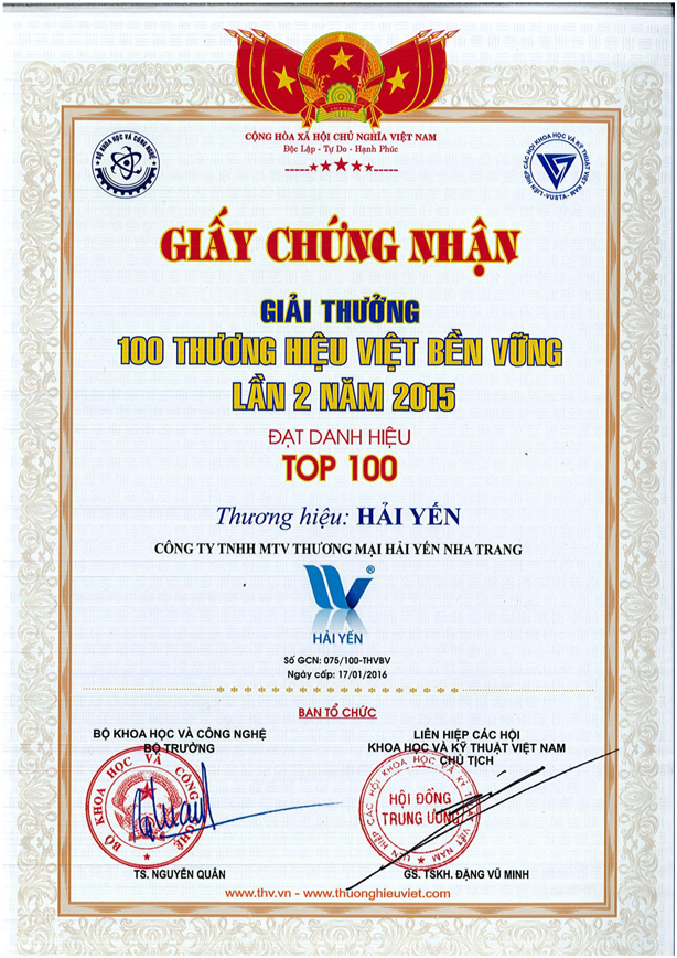 Giấy Chứng Nhận "100 THƯƠNG HIỆU VIỆT BỀN VỮNG LẦN 2 NĂM 2015"
