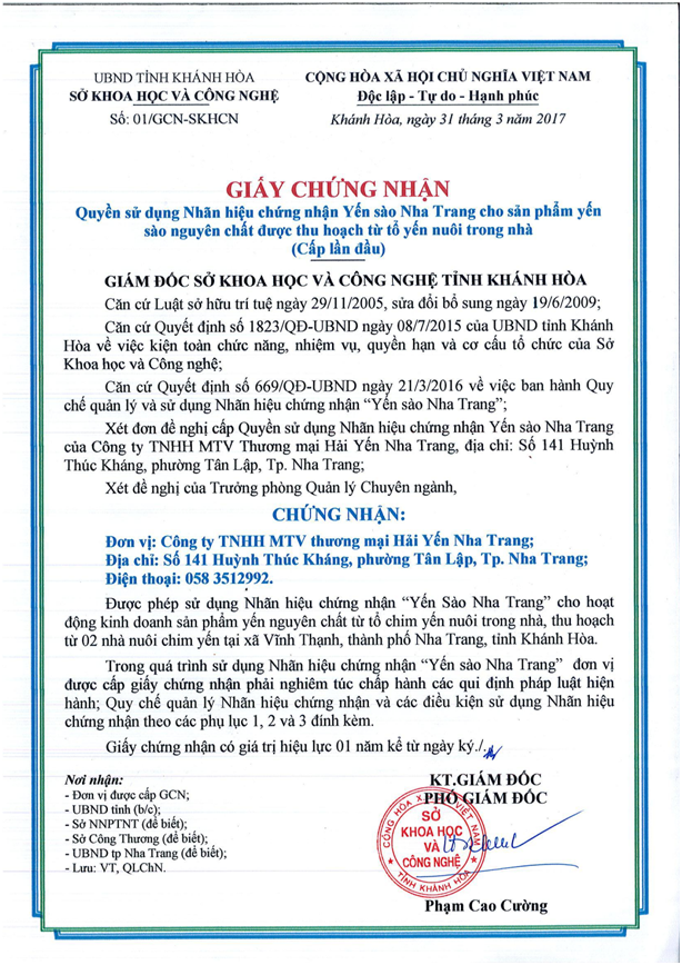 Giấy Chứng Nhận "Yến sào Nha Trang"