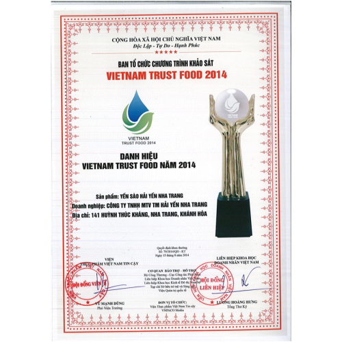 Giấy Chứng Nhận  VIETNAM TRUST FOOD NĂM 2014 :