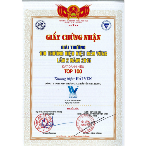Giấy Chứng Nhận  "100 THƯƠNG HIỆU VIỆT BỀN VỮNG LẦN 2 NĂM 2015"