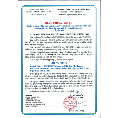 Giấy Chứng Nhận "Yến sào Nha Trang"
