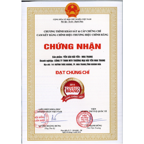 Giấy Chứng Nhận “Thương hiệu chính hãng”